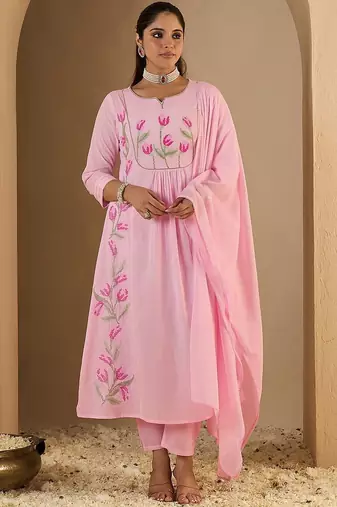 Women Floral Embroidered Panelled Thread Work Pure Cotton Kurta with Trousers & With Dupatta