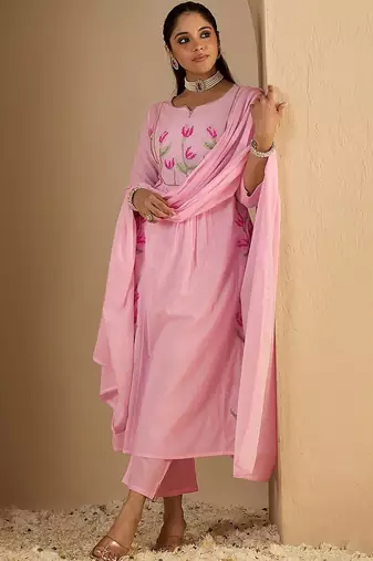 Women Floral Embroidered Panelled Thread Work Pure Cotton Kurta with Trousers & With Dupatta