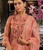 Women Floral Embroidered Regular Thread Work Chanderi Cotton Kurta with Trousers & With Dupatta