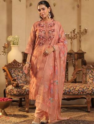 Women Floral Embroidered Regular Thread Work Chanderi Cotton Kurta with Trousers & With Dupatta 2
