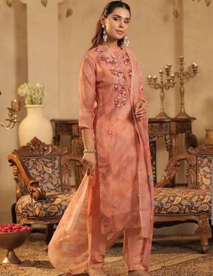 Women Floral Embroidered Regular Thread Work Chanderi Cotton Kurta with Trousers & With Dupatta 5