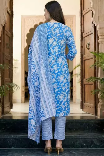 Women Floral Printed Regular Pure Cotton Kurta with Trousers & With Dupatta