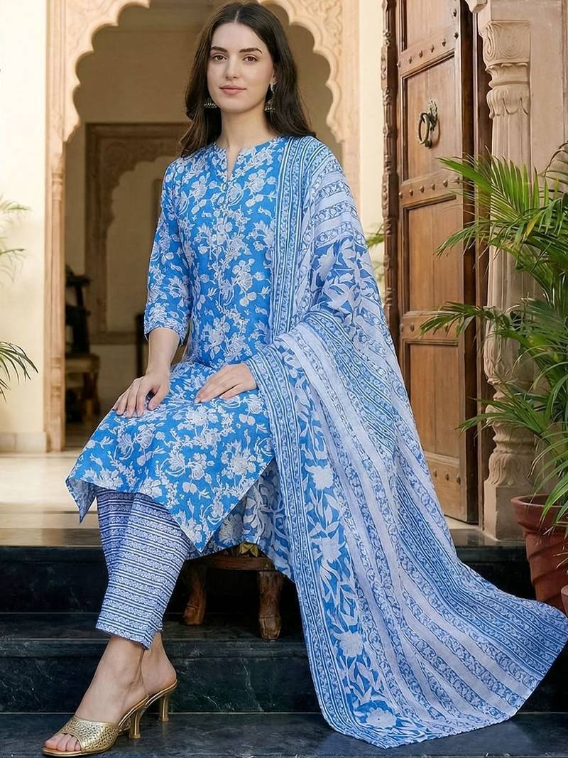 Women Floral Printed Regular Pure Cotton Kurta with Trousers & With Dupatta