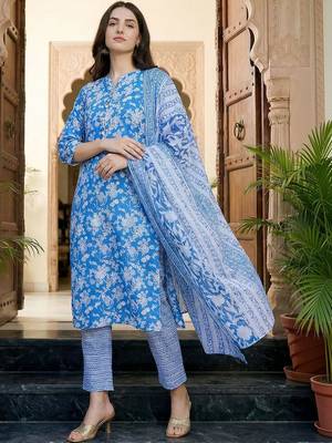 Women Floral Printed Regular Pure Cotton Kurta with Trousers & With Dupatta 5