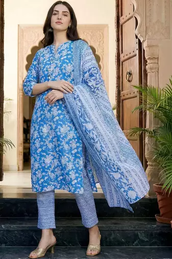 Women Floral Printed Regular Pure Cotton Kurta with Trousers & With Dupatta