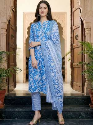 Women Floral Printed Regular Pure Cotton Kurta with Trousers & With Dupatta 6