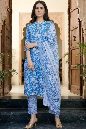 Women Floral Printed Regular Pure Cotton Kurta with Trousers & With Dupatta