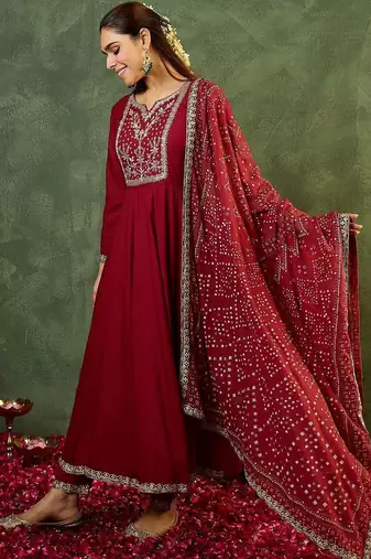 Women Ethnic Motifs Embroidered Panelled Thread Work Kurta with Trousers & With Dupatta
