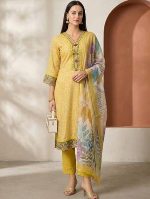Women Ethnic Motifs Printed Regular Thread Work Linen Kurta with Trousers & With Dupatta 1