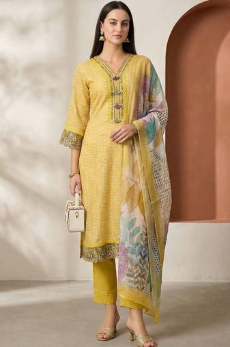 Women Ethnic Motifs Printed Regular Thread Work Linen Kurta with Trousers & With Dupatta