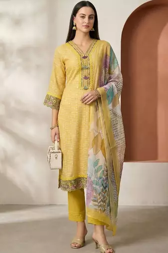 Women Ethnic Motifs Printed Regular Thread Work Linen Kurta with Trousers & With Dupatta