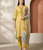 Women Ethnic Motifs Printed Regular Thread Work Linen Kurta with Trousers & With Dupatta