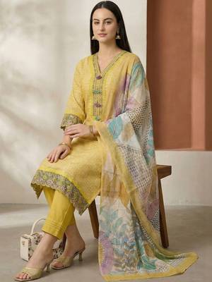 Women Ethnic Motifs Printed Regular Thread Work Linen Kurta with Trousers & With Dupatta 2