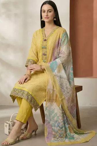 Women Ethnic Motifs Printed Regular Thread Work Linen Kurta with Trousers & With Dupatta