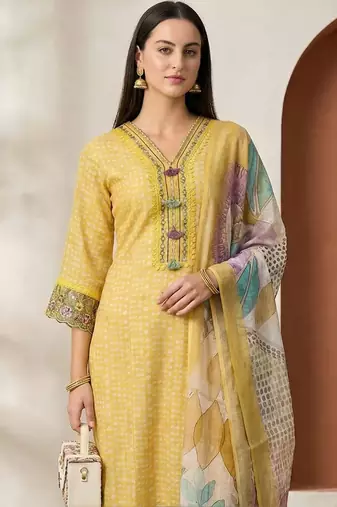 Women Ethnic Motifs Printed Regular Thread Work Linen Kurta with Trousers & With Dupatta