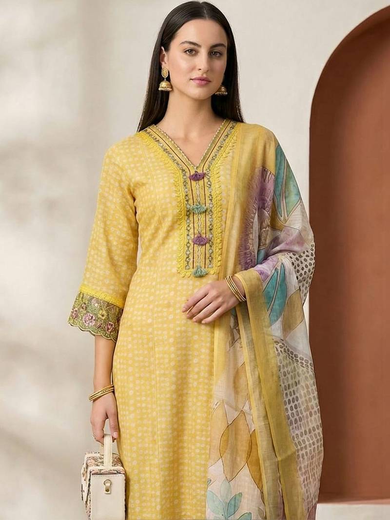 Women Ethnic Motifs Printed Regular Thread Work Linen Kurta with Trousers & With Dupatta