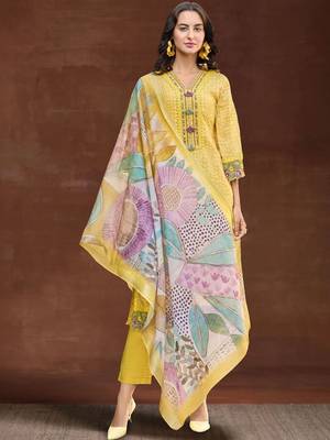 Women Ethnic Motifs Printed Regular Thread Work Linen Kurta with Trousers & With Dupatta 1