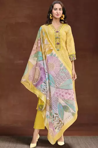 Women Ethnic Motifs Printed Regular Thread Work Linen Kurta with Trousers & With Dupatta
