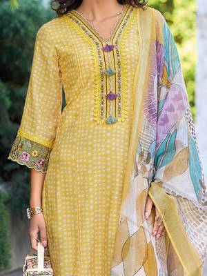 Women Ethnic Motifs Printed Regular Thread Work Linen Kurta with Trousers & With Dupatta 2