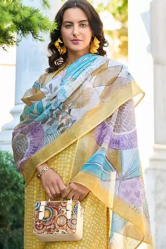 Women Ethnic Motifs Printed Regular Thread Work Linen Kurta with Trousers & With Dupatta