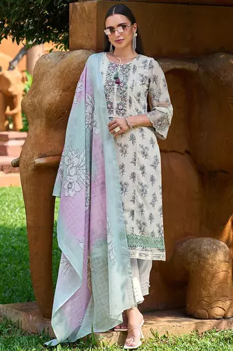 Floral Printed Regular Thread Work Pure Cotton Kurta with Trousers & With Dupatta