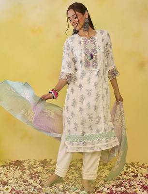 Floral Printed Regular Thread Work Pure Cotton Kurta with Trousers & With Dupatta 5