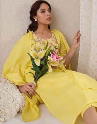 Women Floral Embroidered Empire Mirror Work Pure Cotton Kurta with Trousers & With Dupatta 2