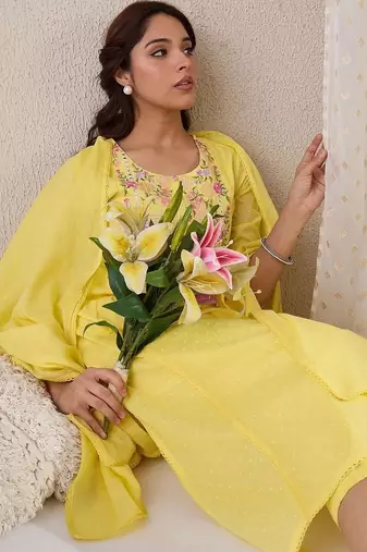 Women Floral Embroidered Empire Mirror Work Pure Cotton Kurta with Trousers & With Dupatta