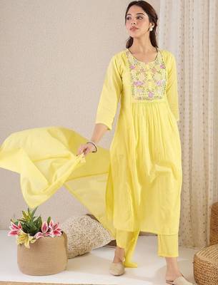 Women Floral Embroidered Empire Mirror Work Pure Cotton Kurta with Trousers & With Dupatta 5