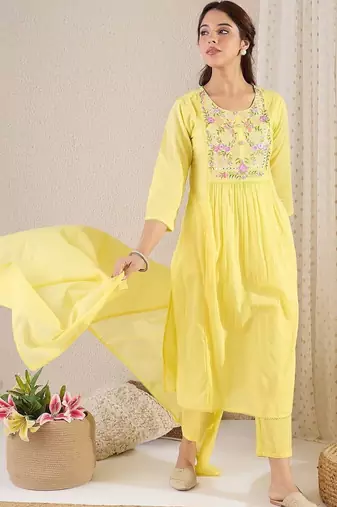 Women Floral Embroidered Empire Mirror Work Pure Cotton Kurta with Trousers & With Dupatta