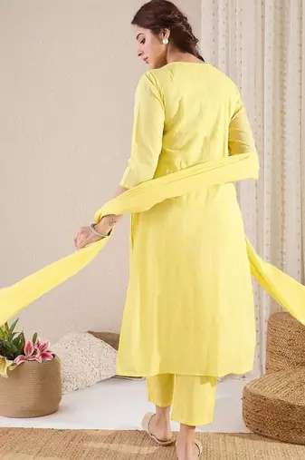 Women Floral Embroidered Empire Mirror Work Pure Cotton Kurta with Trousers & With Dupatta