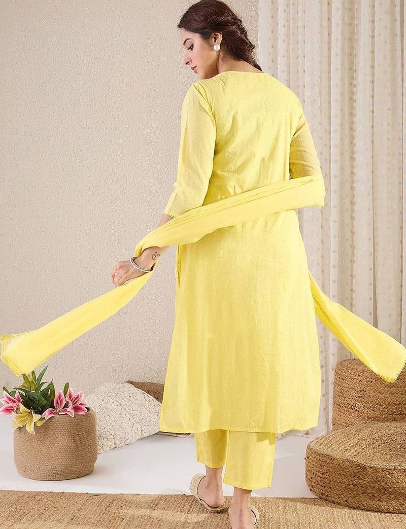 Women Floral Embroidered Empire Mirror Work Pure Cotton Kurta with Trousers & With Dupatta