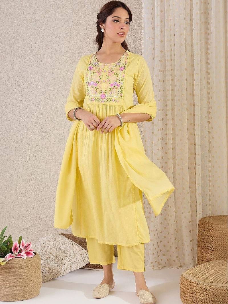 Women Floral Embroidered Empire Mirror Work Pure Cotton Kurta with Trousers & With Dupatta