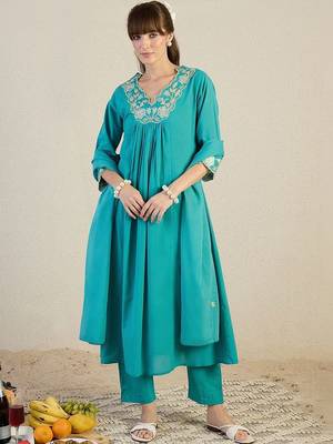 Women Floral Embroidered Panelled Beads and Stones Pure Cotton Kurta with Trousers & With Dupatta 1
