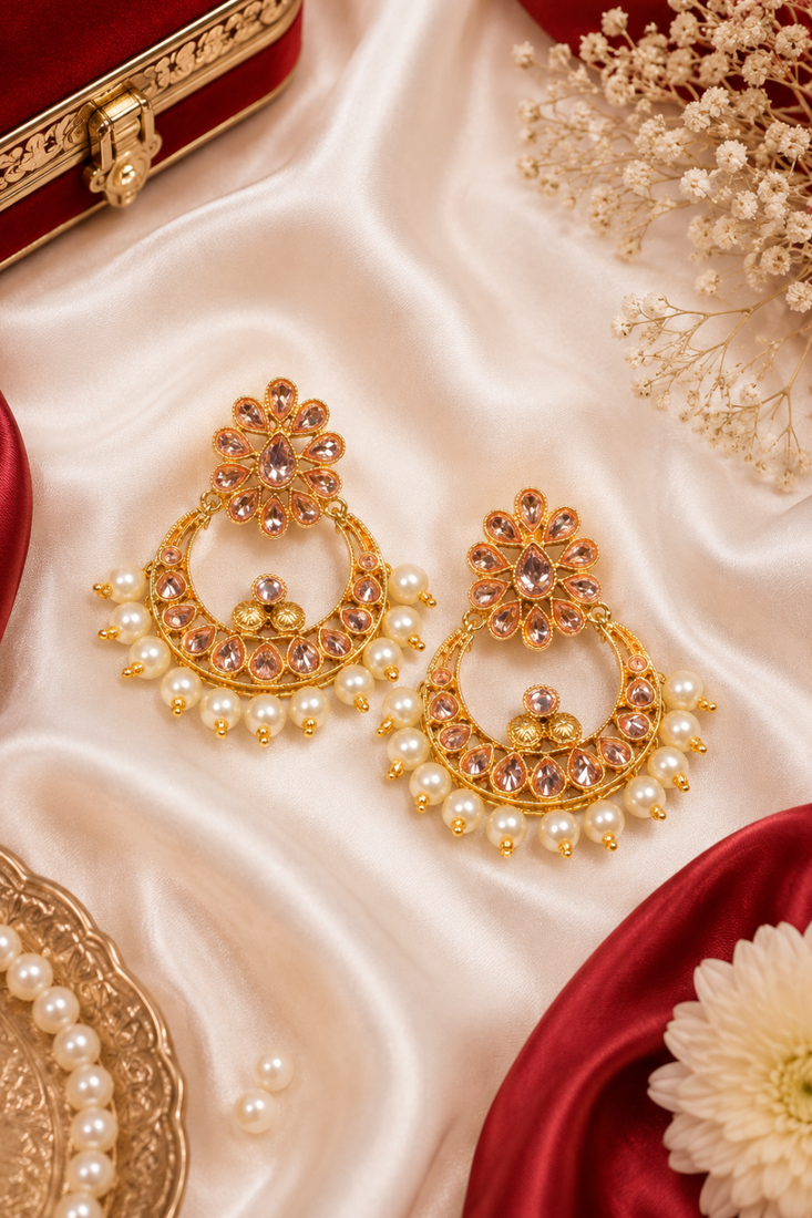 Floral Polki Stone Pearl Chandbali