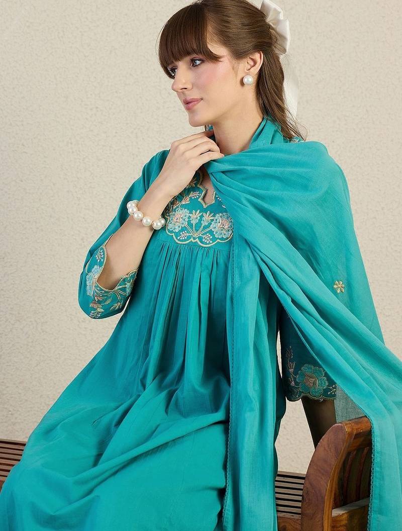 Women Floral Embroidered Panelled Beads and Stones Pure Cotton Kurta with Trousers & With Dupatta