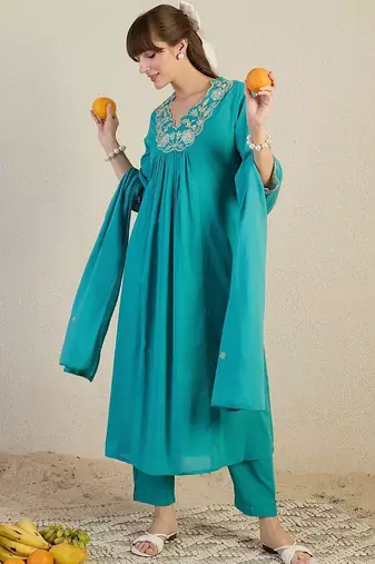 Women Floral Embroidered Panelled Beads and Stones Pure Cotton Kurta with Trousers & With Dupatta