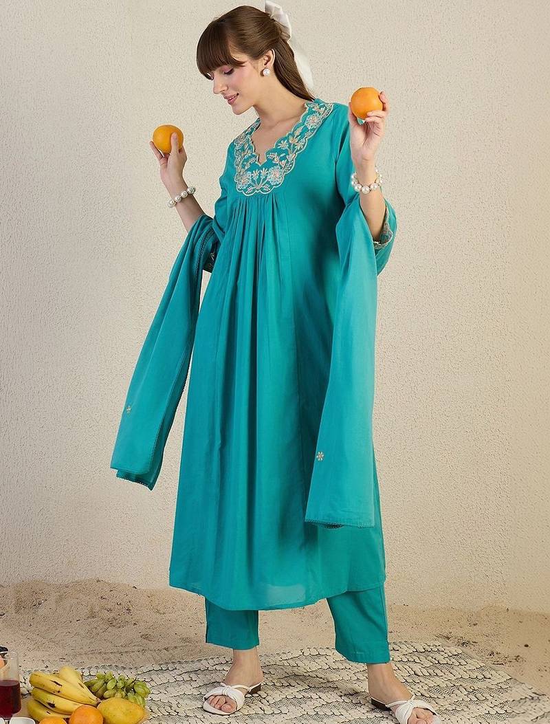 Women Floral Embroidered Panelled Beads and Stones Pure Cotton Kurta with Trousers & With Dupatta