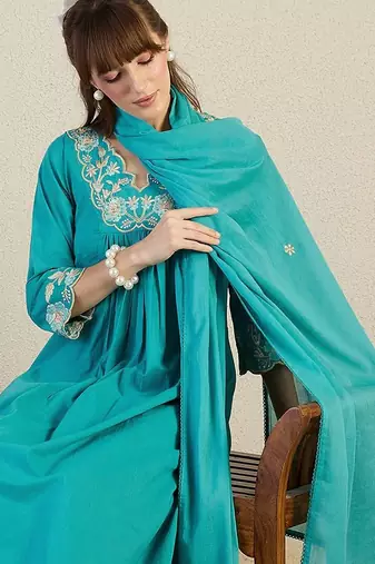 Women Floral Embroidered Panelled Beads and Stones Pure Cotton Kurta with Trousers & With Dupatta