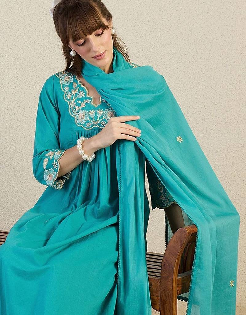 Women Floral Embroidered Panelled Beads and Stones Pure Cotton Kurta with Trousers & With Dupatta