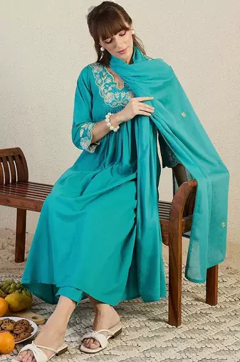 Women Floral Embroidered Panelled Beads and Stones Pure Cotton Kurta with Trousers & With Dupatta