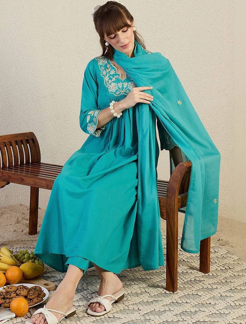 Women Floral Embroidered Panelled Beads and Stones Pure Cotton Kurta with Trousers & With Dupatta