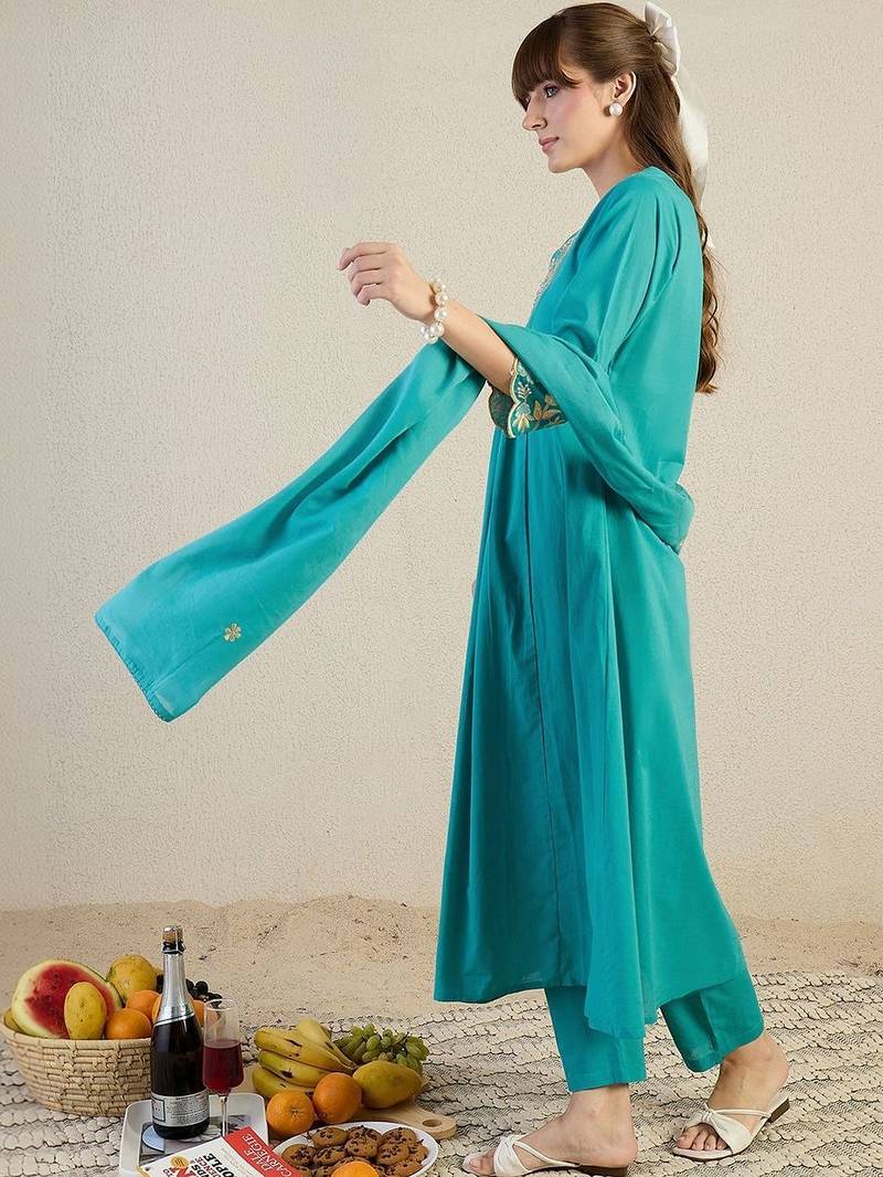 Women Floral Embroidered Panelled Beads and Stones Pure Cotton Kurta with Trousers & With Dupatta