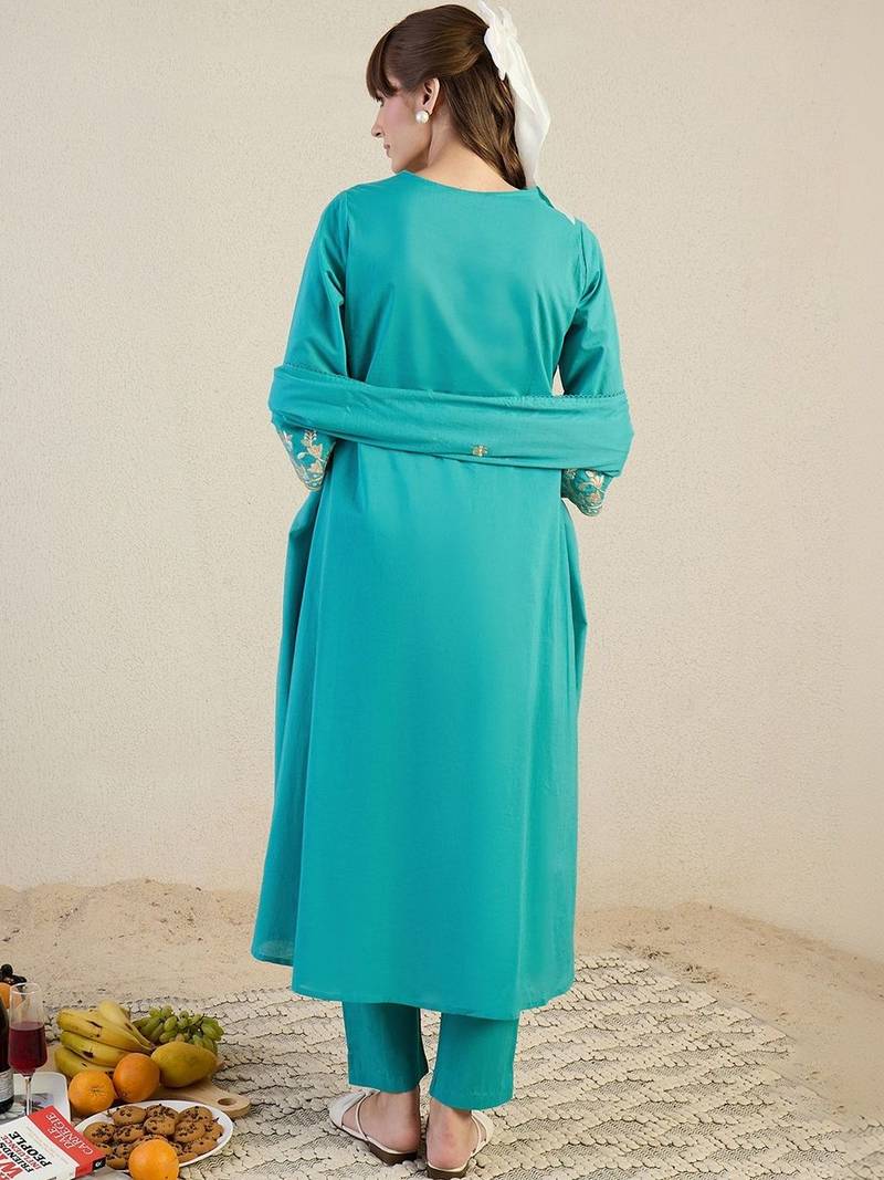 Women Floral Embroidered Panelled Beads and Stones Pure Cotton Kurta with Trousers & With Dupatta