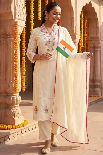 Floral Embroidered Pure Cotton Kurta with Trousers & Dupatta