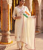 Floral Embroidered Pure Cotton Kurta with Trousers & Dupatta