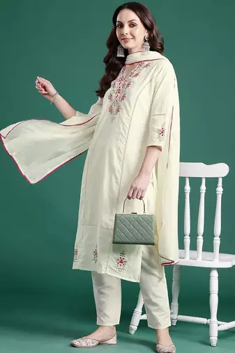 Floral Embroidered Pure Cotton Kurta with Trousers & Dupatta