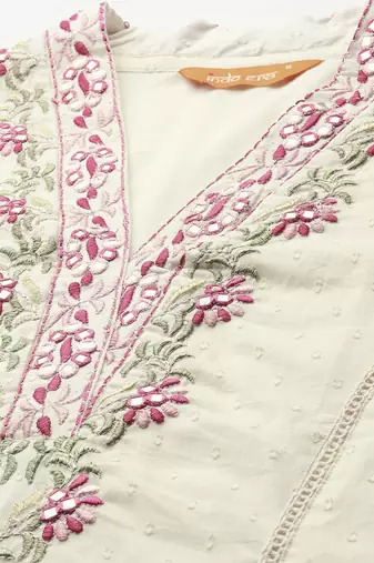 Floral Embroidered Pure Cotton Kurta with Trousers & Dupatta