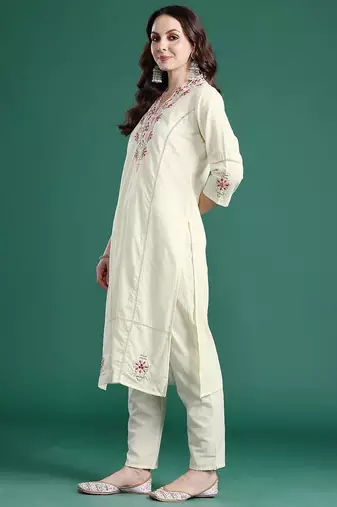 Floral Embroidered Pure Cotton Kurta with Trousers & Dupatta