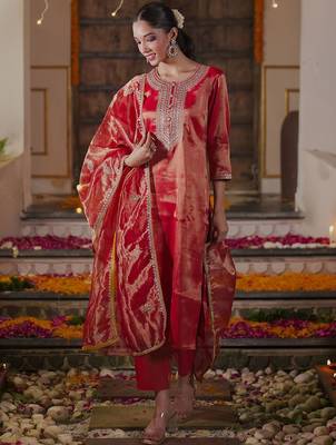 Women Ethnic Motifs Embroidered Sequinned Liva Kurta with Trousers & With Dupatta 2